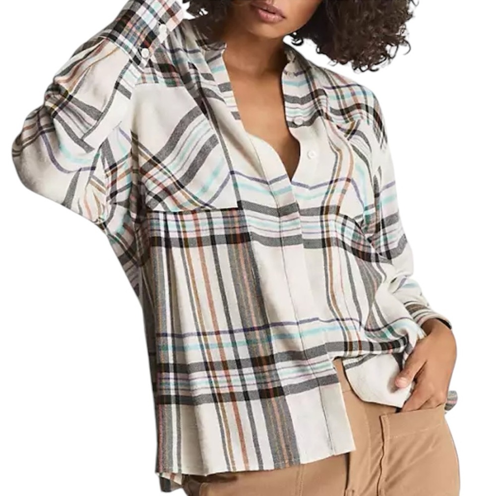 REISS Amira Light Plaid Check Long Sleeve Wool Blend Button Shirt Size 10